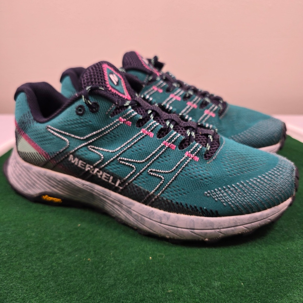 Merrell Moab Flight Trail Running Shoes Womens 10 Teal Pink Outdoors Vibram Logo